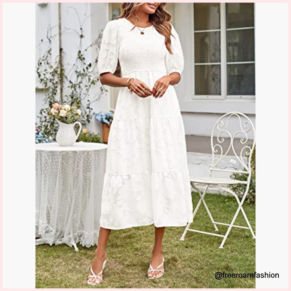 Puff Sleeve Smocked Floral Midi Dress, Crewneck Lace Tiered Summer Dress - Picture 3 of 7